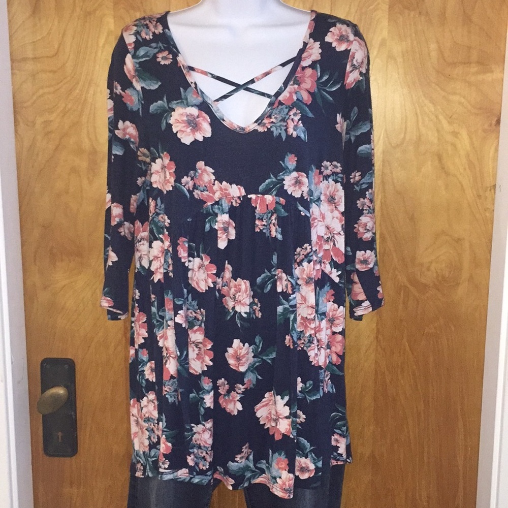 Blue Floral Twenty Ten Babydoll Tunic Top Size Medium